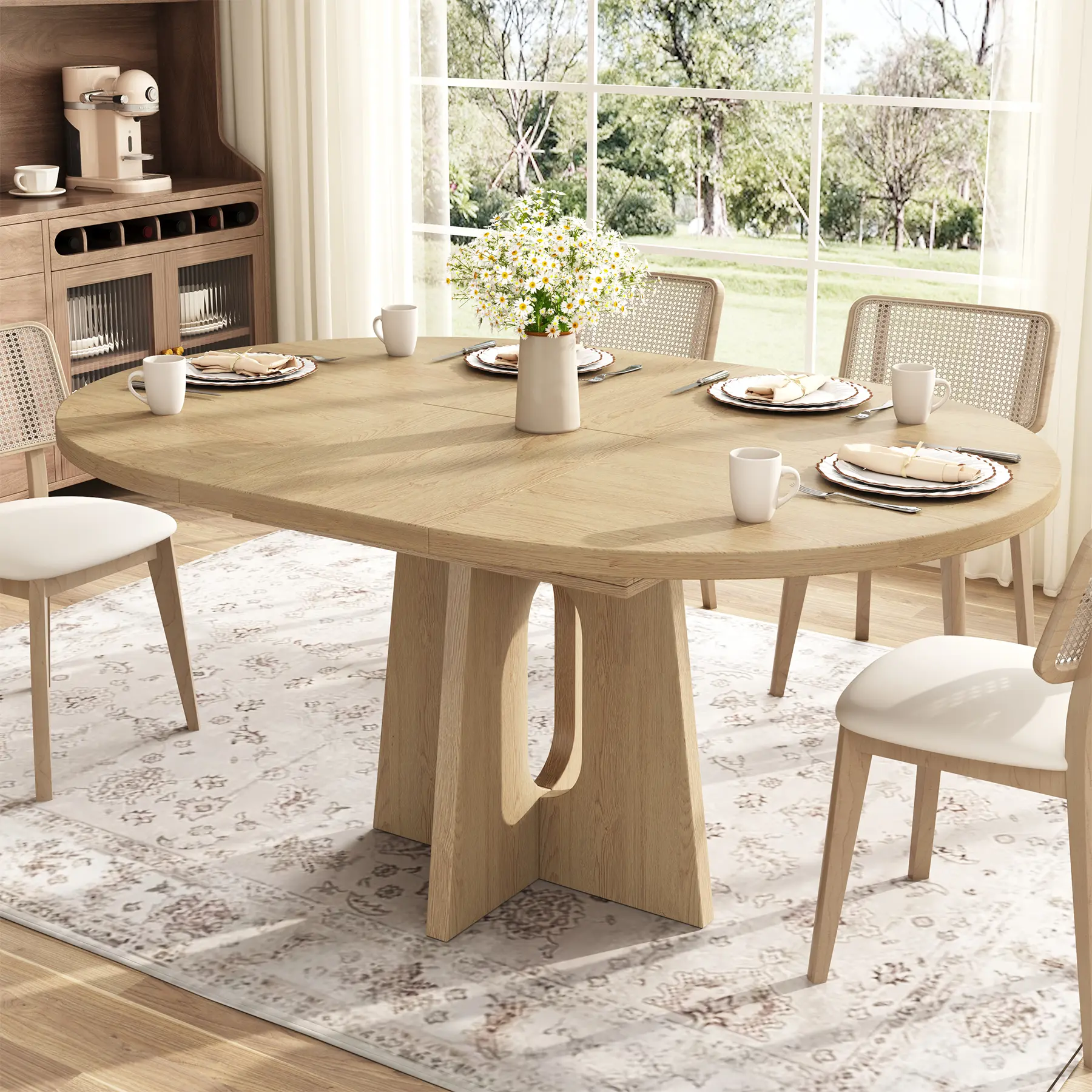 59-Inch Extendable Round Dining Table for Dining Room, 4-6 People Farmhouse Oval Wood Expandable Kitchen Dinner Table with Heavy Cross Pedestal for Living Room, Apartment, Light Oak