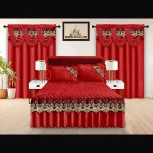 5pcs Bed Skirt Set - Red Quilted Design with Gold Accents for Elegant Bedroom Decor