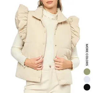 Aswulk Women’s Puffer Vest Ruffle Sleeveless Button Down Winter Warm Padded Gilet Coats