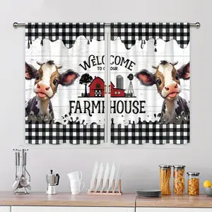 2pcs Polyester Farmhouse Kitchen Curtain Valance Set Country Cow Kitchen Decor Black And White Buffalo Check Cute Calf Western Art Print Rod Bag Home Living Room Bedroom Decorative Fabric