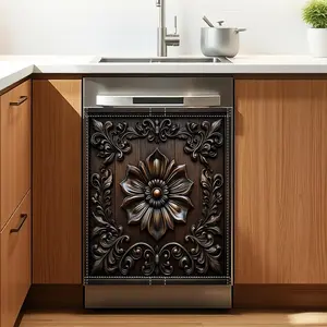 Dark Black Wooden Flowers Magnetic Dishwasher Cover 23x26 Inch - Polyester Refrigerator Magnet Panel with Edge Magnetic Strips, Easy Install Stickerless Cover for Kitchen Decor