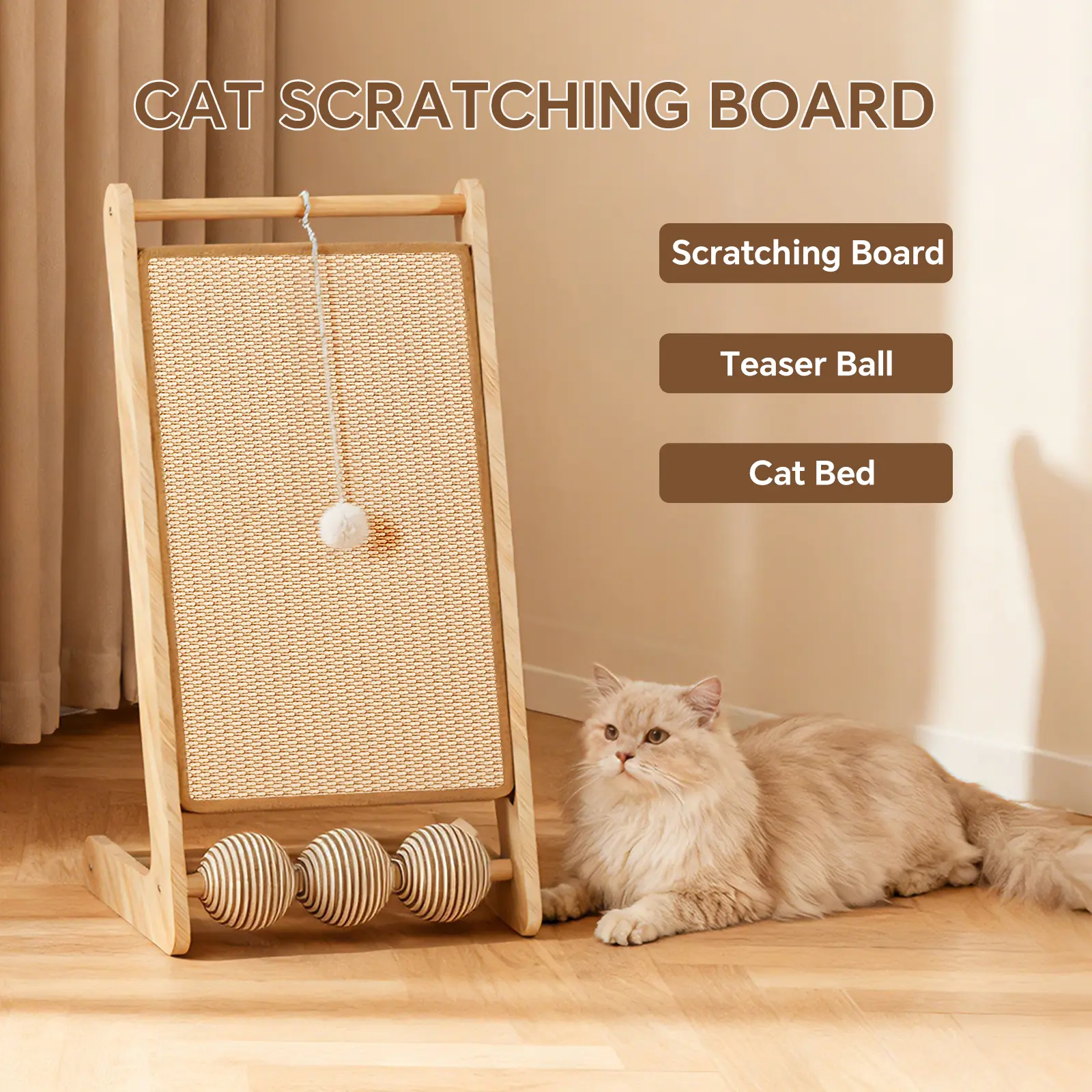 Sisal Cat Scratching Board with Interactive Ball Toy, Wooden Cat Scratcher & Scratch Pad for Indoor Cats, Cat Lounge Bed, Durable Cat Scratcher Furniture, Natural Sisal Scratching Post Alternative, Easy Assembly