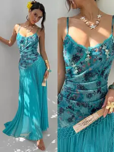 Women's Lake Blue Halter Long Dress, Lace Trim Fringe Button Front, Slim Fit, Casual Summer Vacation Style, Beach Party, Boho Chic Travel Date Wear, Bohemian, Sleeveless