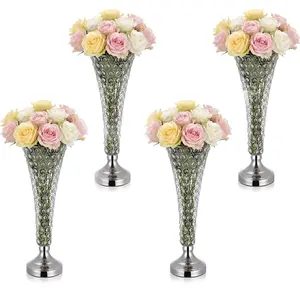 【Summervibes】VEVOR 4 PCS Crystal Wedding Flower Vase, 20 in Tall Flower Table Centerpieces, Crystal Cylinder Banquet Vases Easy Installation, Versatile Arrangement Stand for Party Events Room Home Decor, Silver