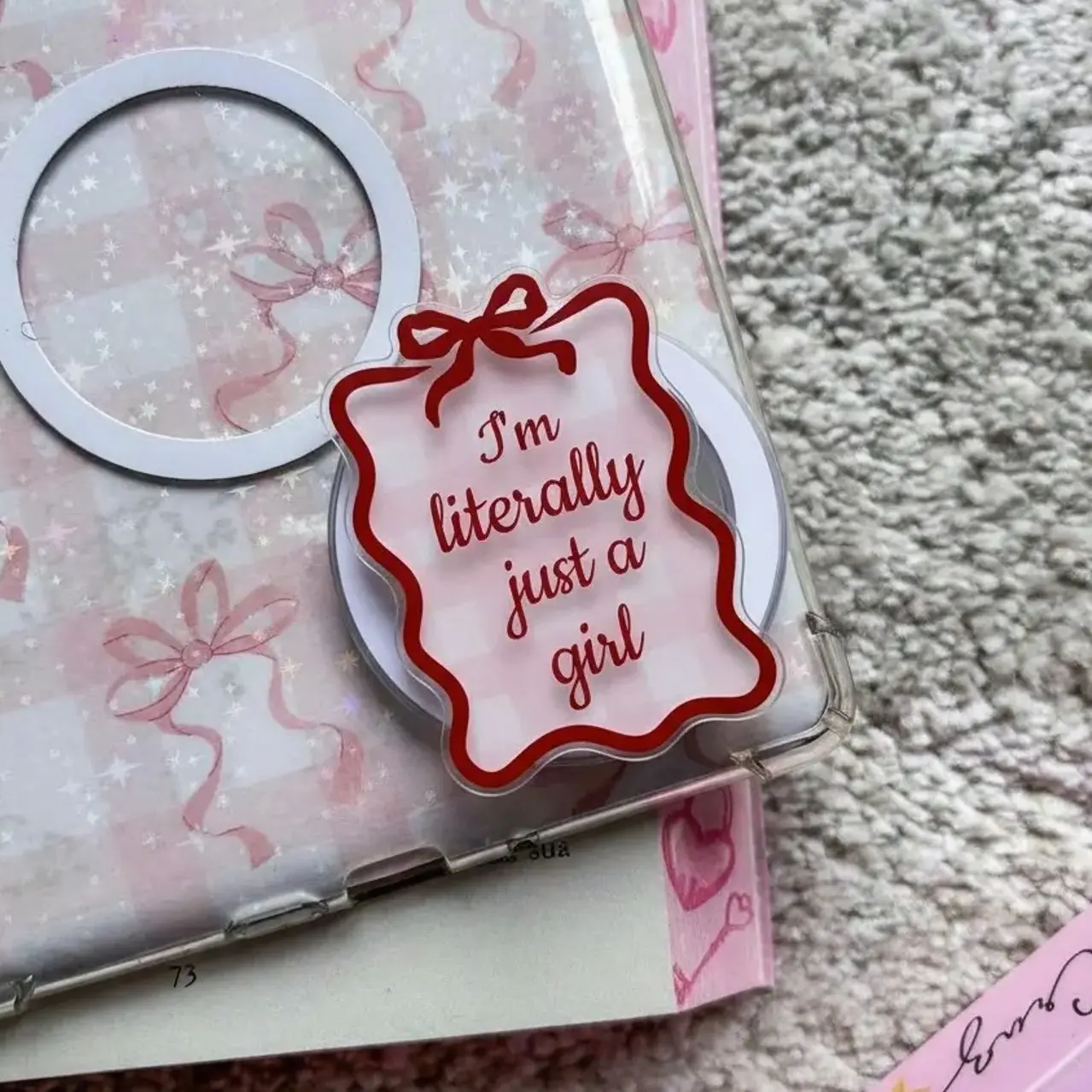 Literally Just a Girl Phone Grip, Red Bow Coquette Aesthetic Accessory, Funny Girly Quote Phone Holder, Scalloped Pink Stand, Soft Girl Era Gift, Trendy Phone Topper for Gen Z, Cute Bestie Gift