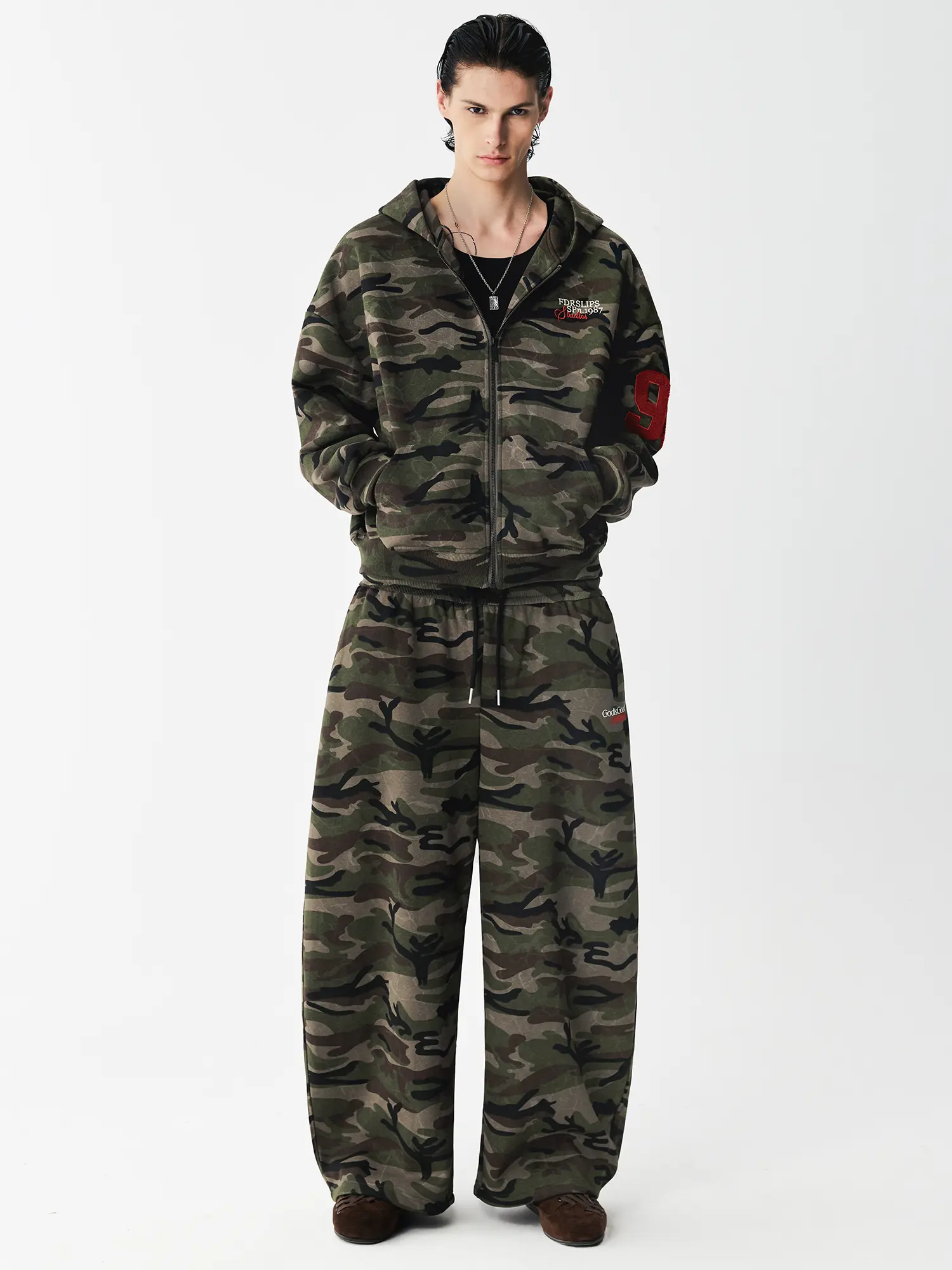 FDR Camo Embroidery Zip Up Hoodie for Men & Women Oversized Cropped Sweatshirt 2 Piece Tracksuit Set High Waist  Baggy Wide Leg Sweatpants Soft Fabric Y2K Streetwear Unisex Vintage Longsleeves Top Pullover