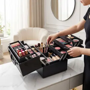 14Inch Large Makeup Train Case Lockable Cosmetic Organizer Box Travel Storage Professional Make Up Train Carrying Case with 6 Adjustable Trays and Spacious Compartments,Black