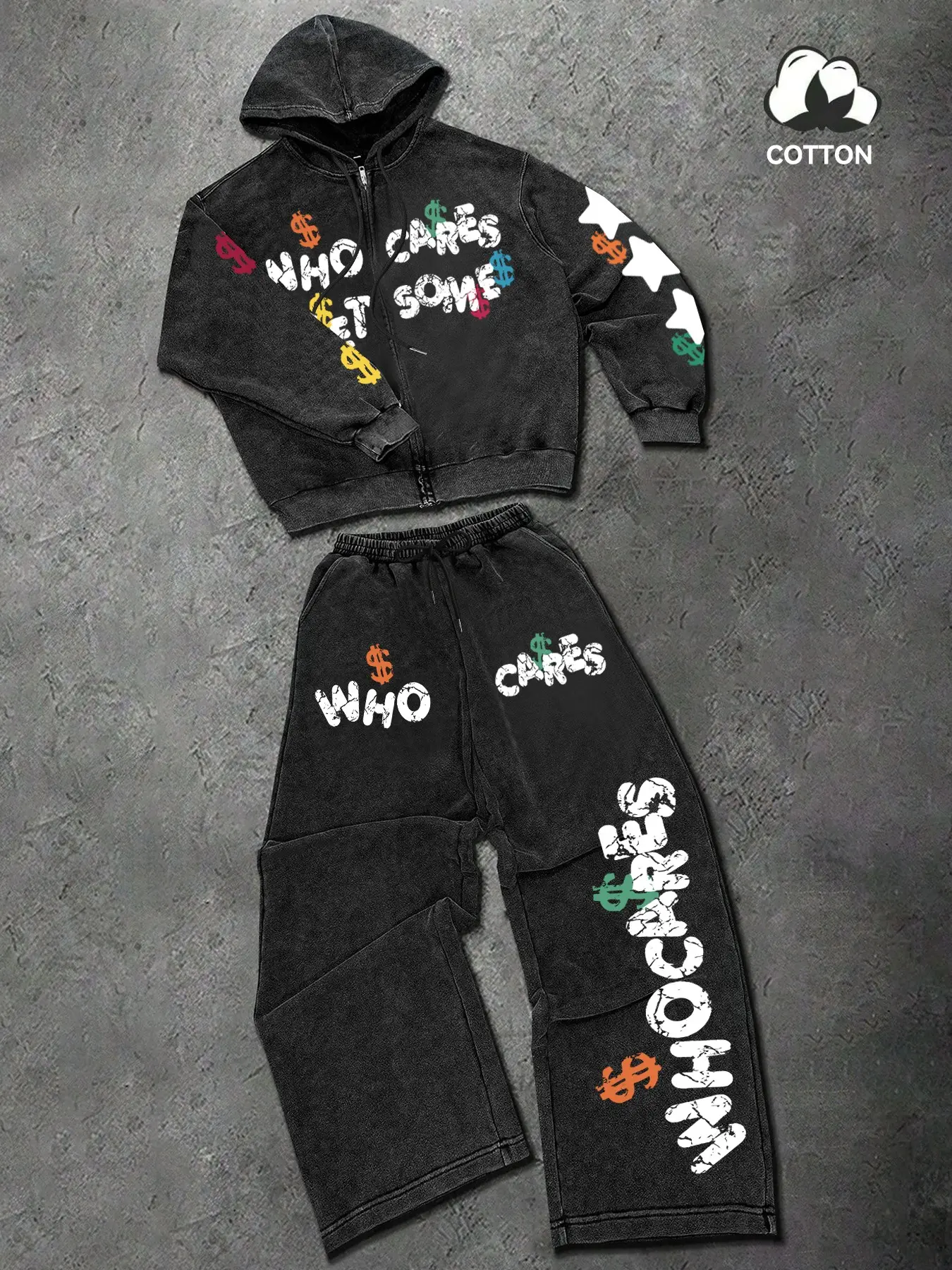 Vintage Acid Wash Graffiti Tracksuit Set - Oversized Zip-Up Hoodie & Wide-Leg Sweatpants with "Who Cares" Graphic Print, High-Quality Streetwear Co-ord for Skater Style, Sporty Style and Urban Daily Wear, Hooded Tracksuit Set