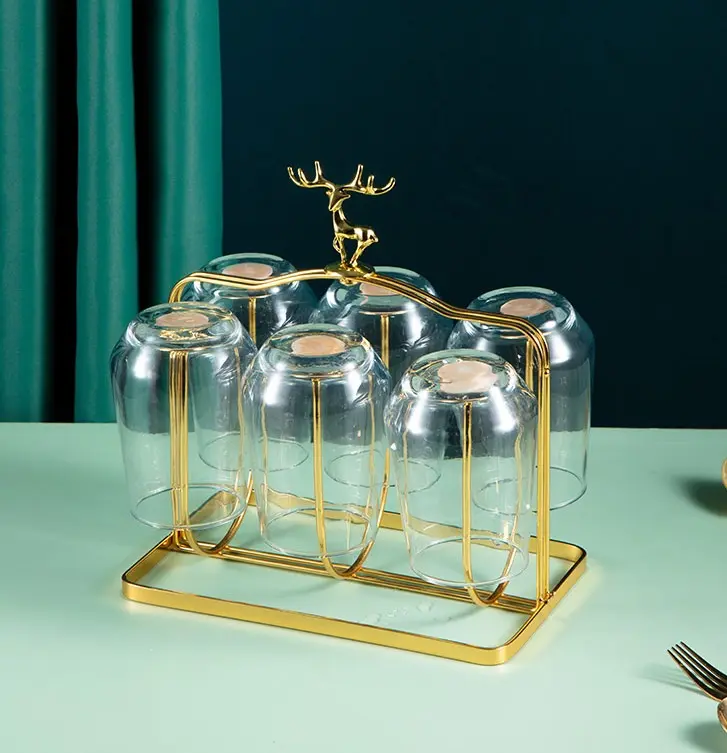 Gold Deer 6-Cup Hanging Iron Drying Rack, Decorative Cup Organizer, Space-Saving Kitchen Drainer Stand for Glasses, Bottles and Mugs