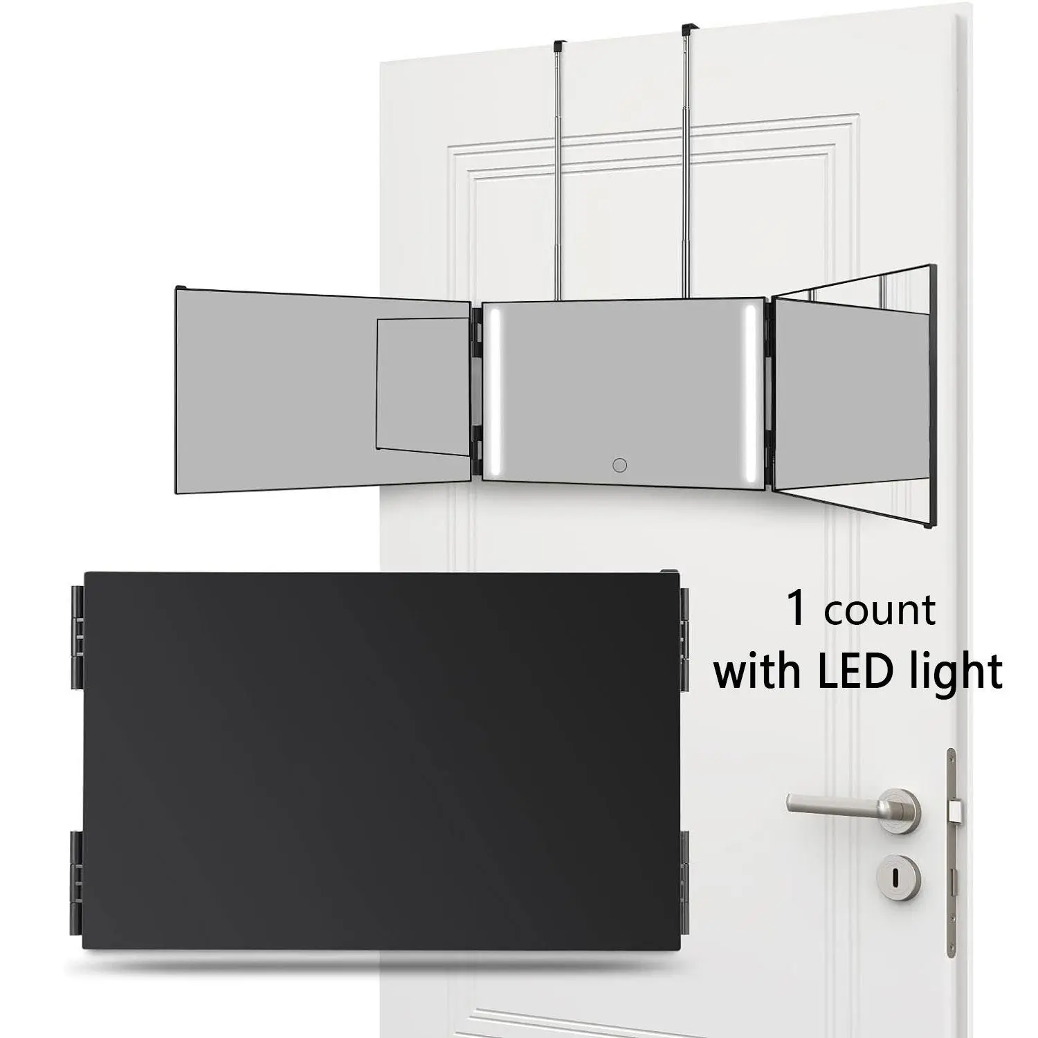 Foldable LED Light Up 3 Sided Makeup Mirror, Portable Lightweight 3 Way LED Lighting Mirror for Self Hair Cutting, Wall Mounted or Door Hanging 360 Trifold Barber Mirror