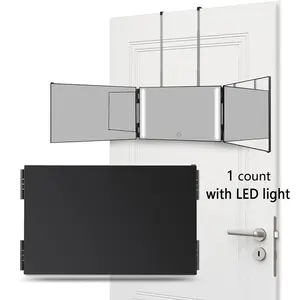 Foldable LED Light Up 3 Sided Makeup Mirror, Portable 3 Way LED Lighting Mirror for Self Hair Cutting, Wall Mounted or Door Hanging 360 Trifold Barber Mirror for Facial Grooming, Haircut