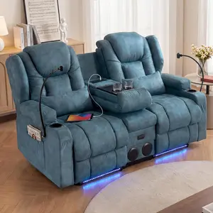 【JOYVELLEHEIM】Power Loveseat Recliner Sofa with Console, Leathaire Farbic Dual Reclining Couch with Blue LED Lights, Bluetooth Speakers, USB Ports, Phone Holders, Home Theater & RV Recliner, Navy Blue, Brown lumbar heating