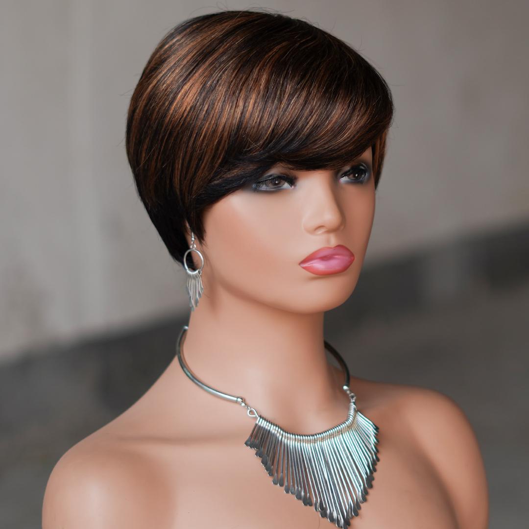 Short Pixie Cut Wig With Bangs, Glueless 180% Density Brazilian Virgin Human Hair, 6 Inch 1B Natural Black Mixed Blonde, Machine Made Wig For Daily & New Year Wear