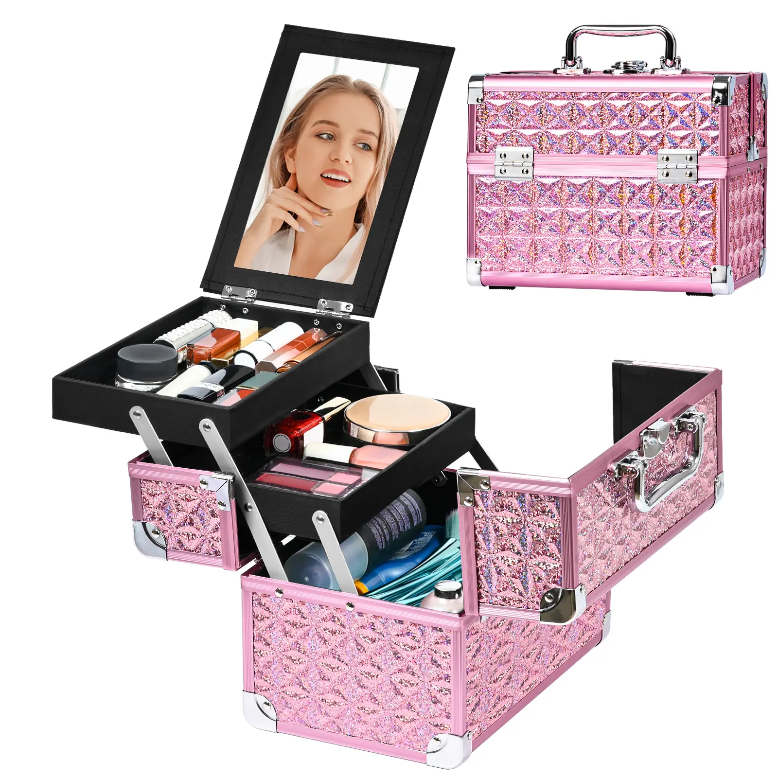 Somduy  Portable Travel Makeup Train Case - Aluminum makeup organizer, Waterproof Cosmetic Organizer with Layered Tiers, Fold-Out Mirror, Flip Top Lock, Travel Ready for Home Vanity, Outdoor Storage, Women's Gift