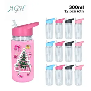 AGH US 300ml 10oz Acrylic Snow Globe Cup Double Wall Plastic Water Bottle with Colorful Handle Lid (mixed 4 color) 12pcs/carton Halloween