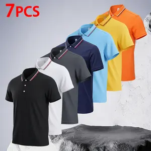 Men's 7-Pack Polo Shirts Multi-Color Collection, Slim-Fit Design with Contrast Collar Stripes, Soft Stretch Fabric for Summer Fitness & Outdoor Gatherings, Trend-Setting Style for Fashion-Forward Men
