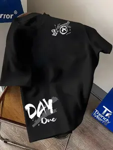 Street Graffiti Style Day One Handwritten Font T-Shirt, Men's Summer Casual Loose-Fit Long Sleeve Tee, Trendy Geometric Pattern