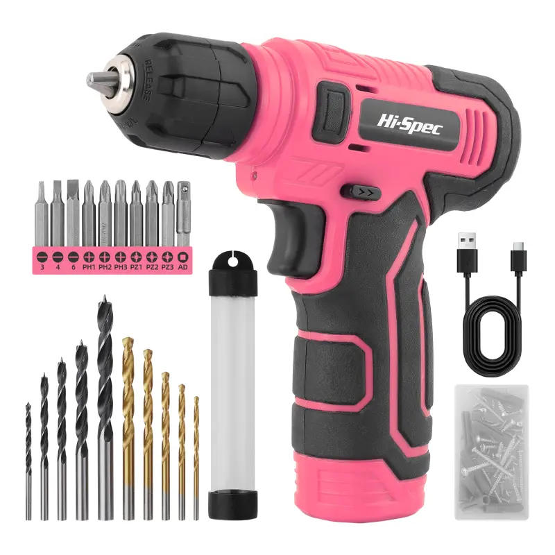 8V Pink Cordless Driver Drill Kit - 3/8" Keyless Chuck, 76-Piece Set, Built-in LED Lights, Type-C Charging, Rechargeable Lithium Drill, Metal-Compatible, Convenient Storage for DIY Drilling, Screw Tightening (Homeowners)