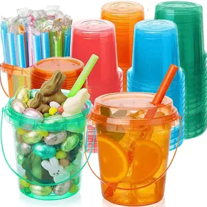 5/10 Set Disposable Plastic Drink Buckets, Colorful Five-In-One with Lid and Straw, Candy Color Ice Coffee Cups, Drinking Cups, Pool Party Supplies