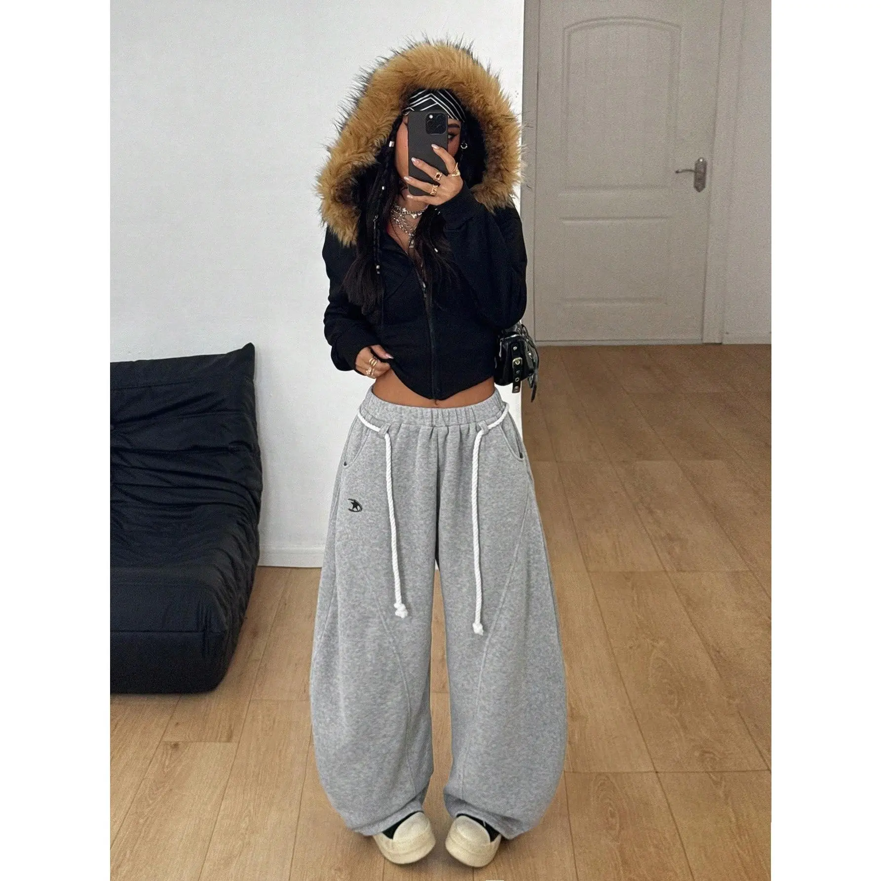 Women Streetwear Preppy Casual French Grey Elastic Waistband Curved Hem Wide Leg Sweatpants 2026