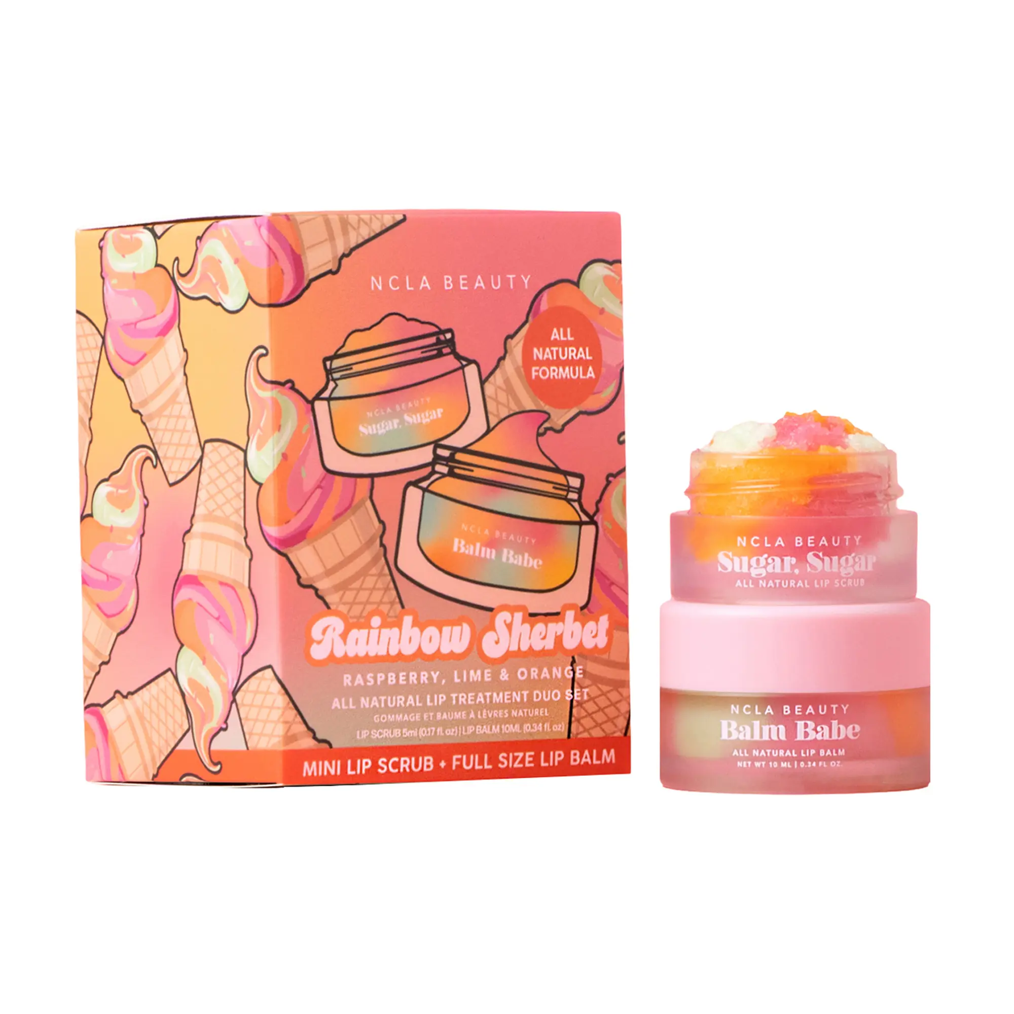 NCLA Lip Care Set - Lip Exfoliator and Hydrating Lip Balm - Enriched with Agave Nectar, Shea Butter, and Vitamin C and E - Rainbow Sherbert - 2 Pc