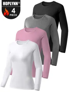 HOPLYNN  Women's 4pcs Long Sleeve Athletic Tops - Round Neck,gym fits  gym outfits  Stretchy Polyester & Spandex Blend, Solid Color, Yoga, Running & Casual Sportswear  workout clothes women