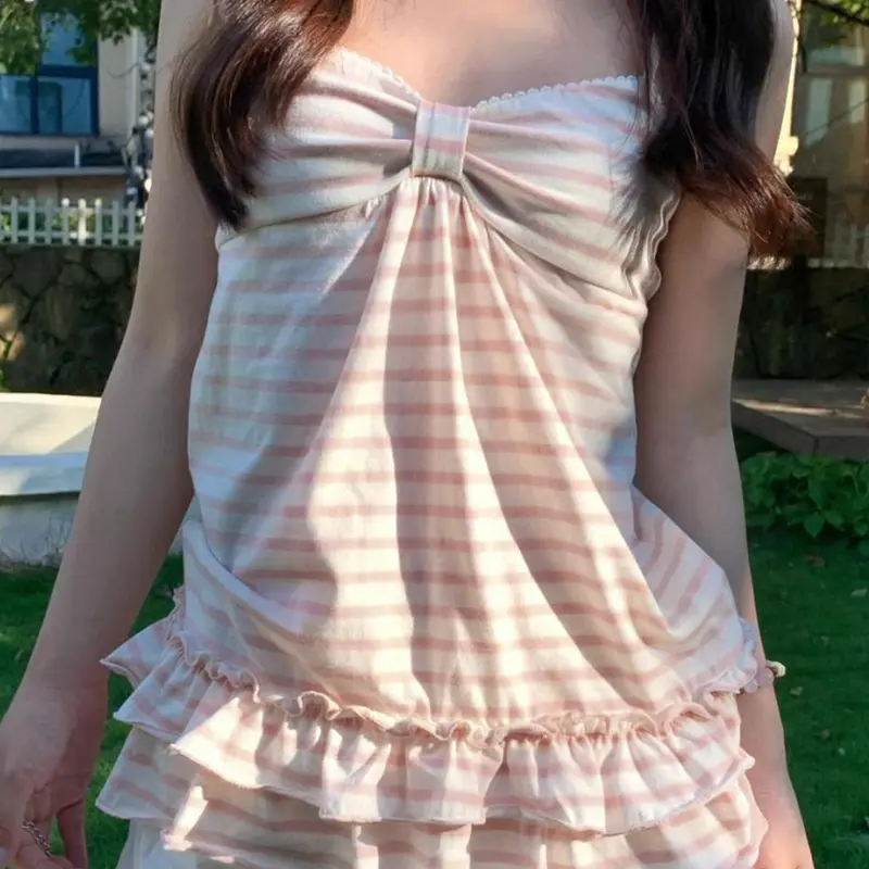 Sweet Striped A-Line Ruffle Spaghetti Strap Tank Top Babydoll Shirt, Casual Classy Top, Casual Trendy, Summer Loose Slimming Women's Vest, Y2K Style, Moderate Fabric