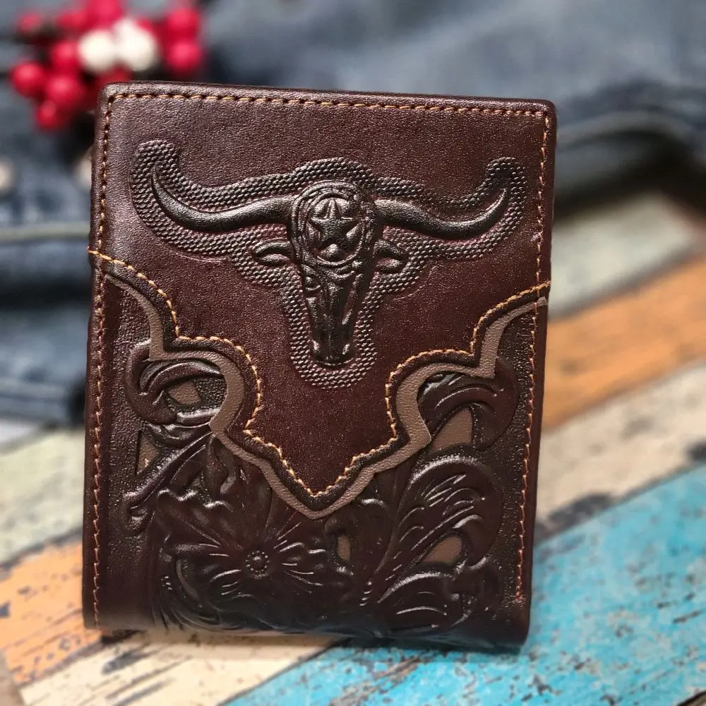 Men's Wallet Longhorn Western style genuine leather short bi-fold lasercut wallet