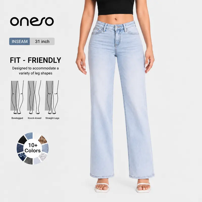ONESO Women's Mid-Low Rise High-Stretch Straight Wide Leg Jeans - BBL-Inspired Butt-Lifting Fit, Distressed, Zipper-Button Closure, Premium Denim Fabric, 31-Inch Inseam, Pocket, Casual Pants for Halloween, Thanksgiving, Easter Everyday Wear