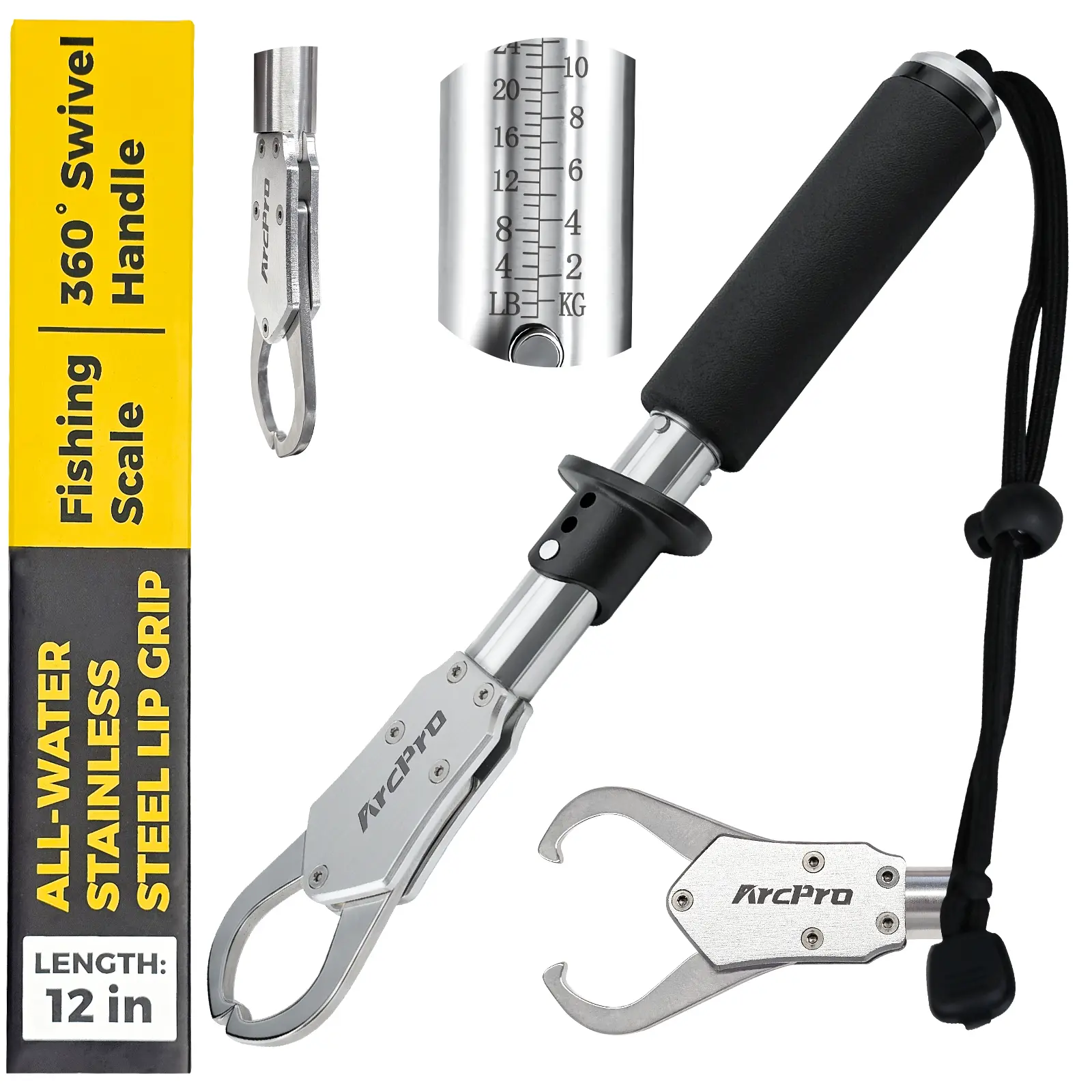 ArcPro Fish Gripper with Scale, 12" Corrosion-Resistant Stainless Steel Fish Holder, 4.2mm Wide Opening, 40LB Heavy-Duty & Non-Slip 360° EVA Swivel Handle, Fish Grabber Tool for Fresh/Saltwater Available in Three Lengths: 12, 15.8, and 23.8 Inches. tiktok