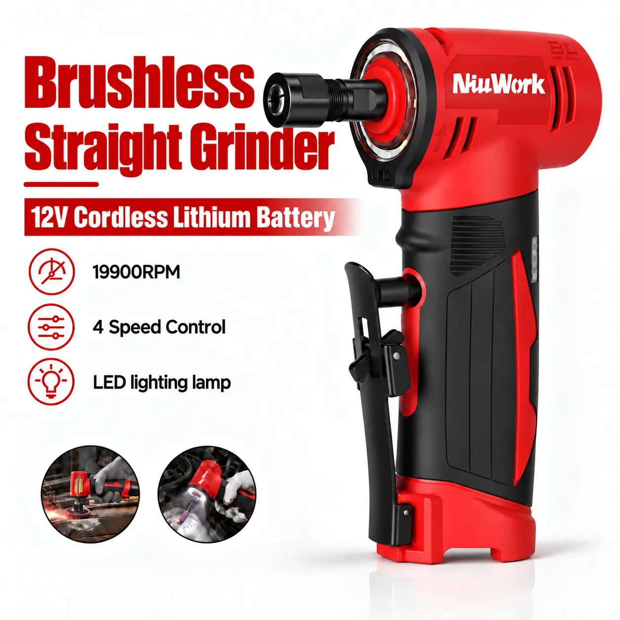 NiuWork 12V Cordless Right Angle Die Grinder, Brushless 4-Speed Max 19900 RPM with 2 x 2.0Ah Batteries & Charger, 90° Power Grinder for Grinding, Deburring and Polishing