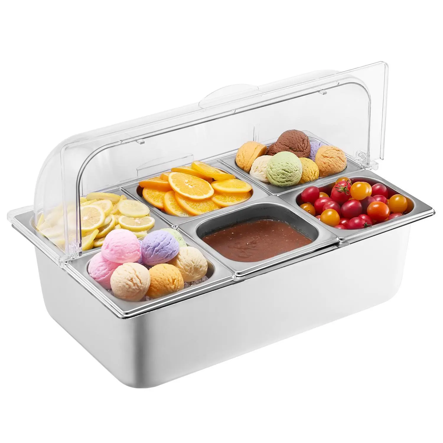 【Summerfinds】VEVOR Countertop Food Serving Display Container 6 Pan Stainless Steel Food Serving TrayBuffet Condiment Dispenser Display Rack with Clear Lid & 3 Freezer Boxesfor Restaurant Hotel Kitchen Party