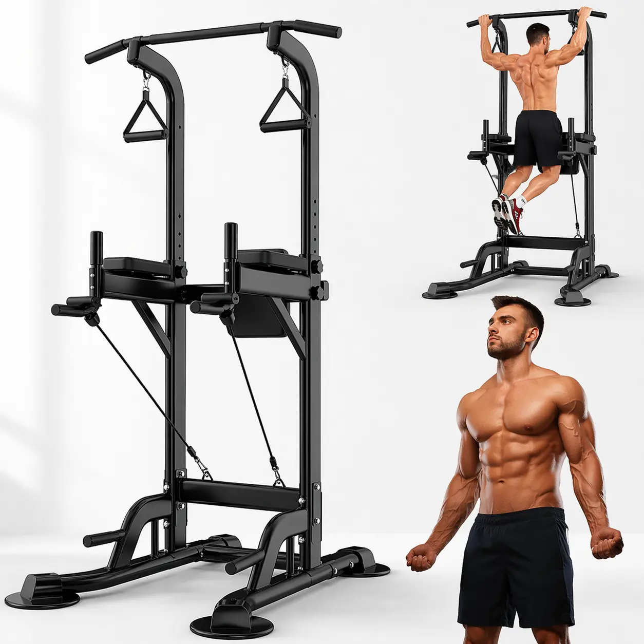 Power Tower Pull Up Bar for Home Gym - Height-Adjust Calisthenics Equipment, Workout Machine with Push Up Board, Dip Bars, Push Up Handles, 129x51x12cm for Bodyweight, Daily Strength Workouts