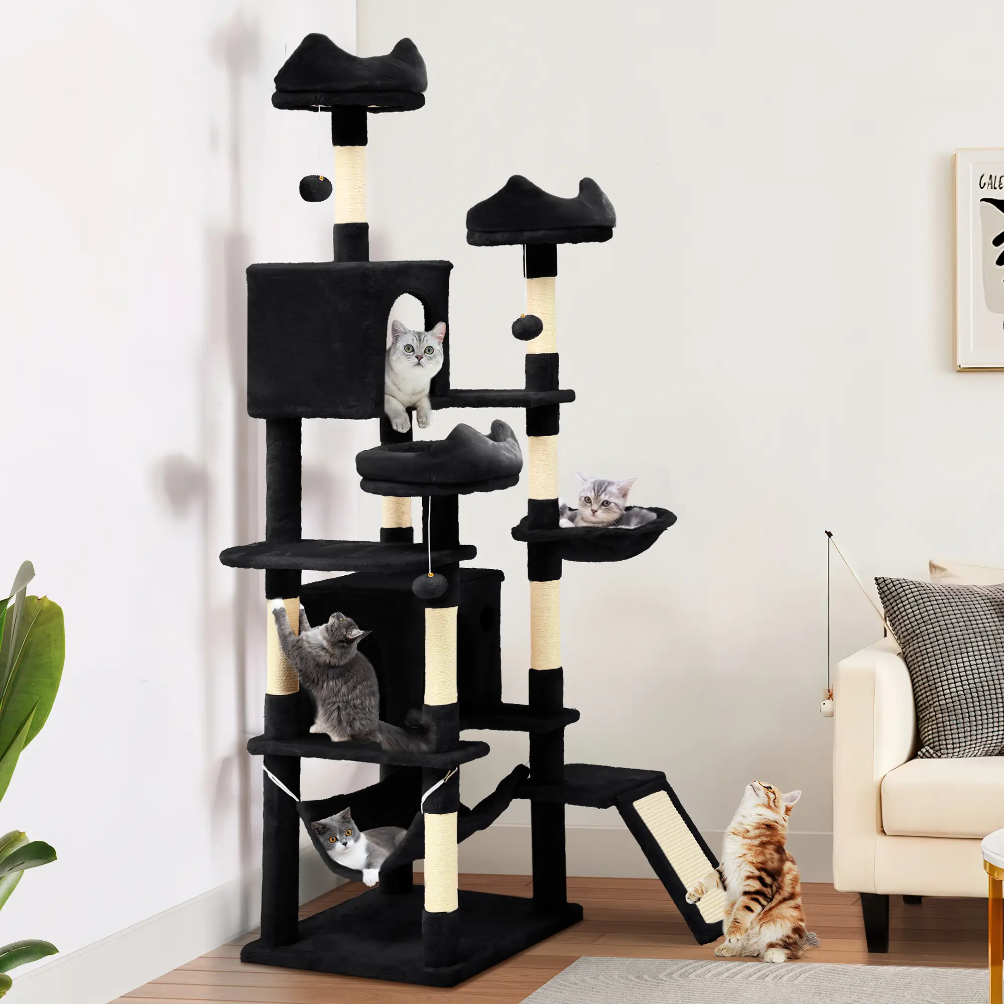 DWVO Tall Cat Tree Tower for Indoor Cats, 75in Multi-Level Cat Climbing Tower with Cat Condos, Top Perches, Hammock, Sisal Scratching Posts and Board,