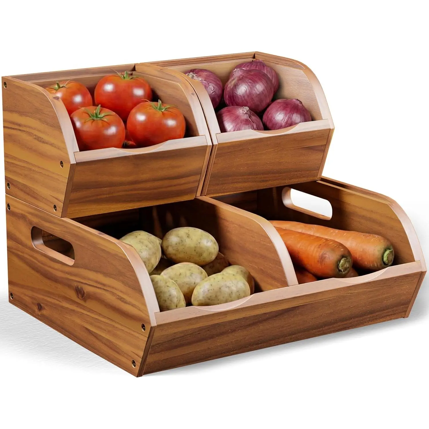 Acacia Wood Pantry Organizer - Stackable Rectangle Divided Open-Front Eco-Friendly Durable Bin with Compartments, Easy Assembly Tools & Hardware, Low-Maintenance Home/Kitchen/Bathroom Storage for Family, Vegetable Storage Basket