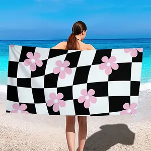 1pc Quick-Drying, Absorbent, Breathable Rectangular Black and White Checkered Print Beach Towel with Pink Flowers - Summer Essential for Beach Vacations, Outdoor Travel
