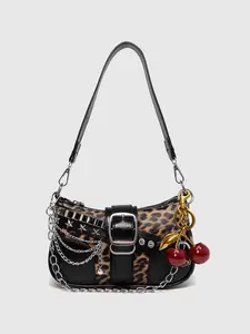 Women's PU Leather Embellished Shoulder Bag, Vintage Leopard Print Colorblock Crescent Clutch, Y2K Style Chain Decorated