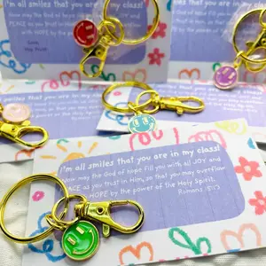 Smiley Face Bag Tags Trendy Keychains Backpack Tags Student Gifts for First Day with Inspirational Message Perfect for Coolers Purses Key Rings or Pockets