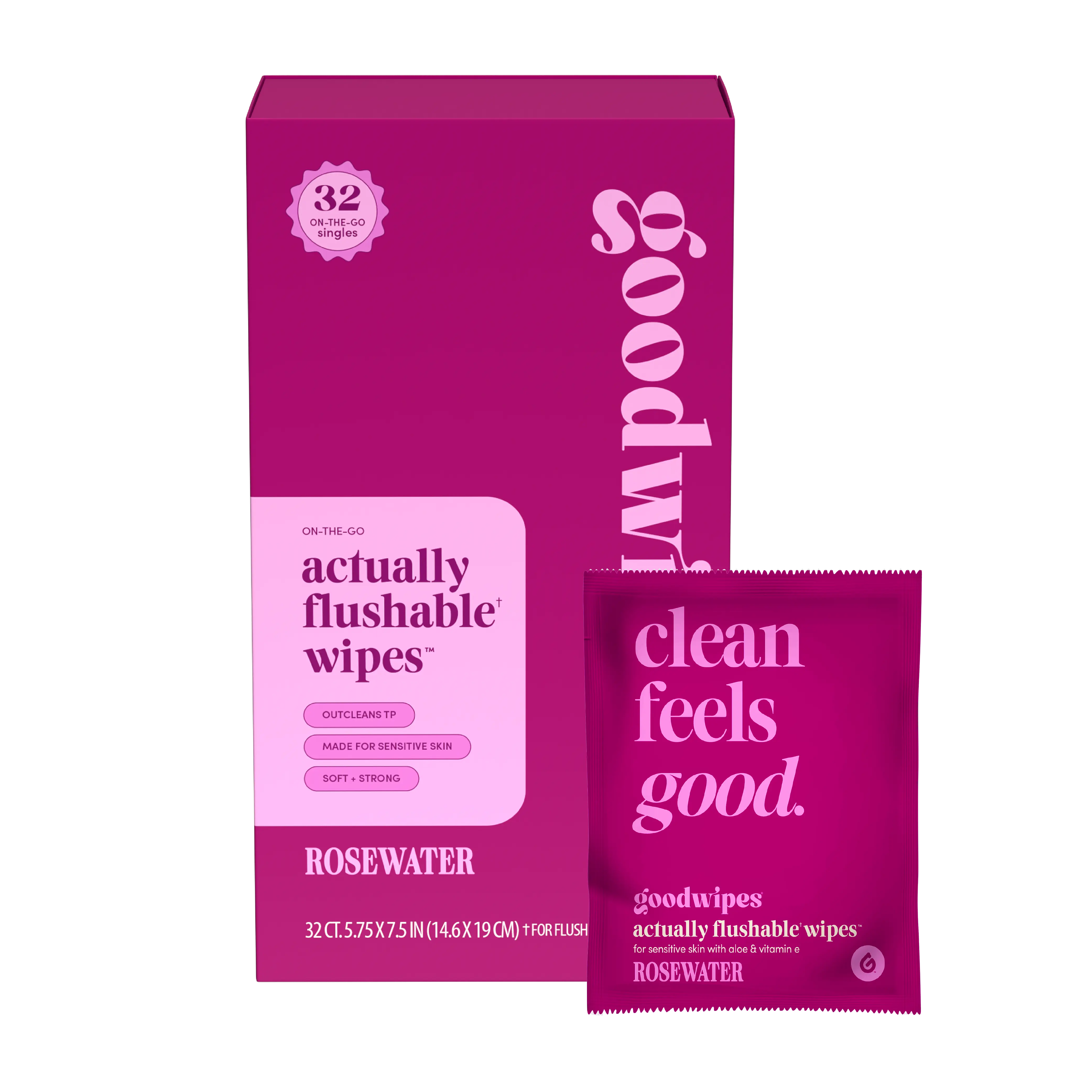goodwipes Rosewater Flushable Wipes - Individually Wrapped Butt Wipe for On-the-Go Adults - Portable Mini Wipes - Travel Essentials - Sewer & Septic Safe- 2 pack of 32ct