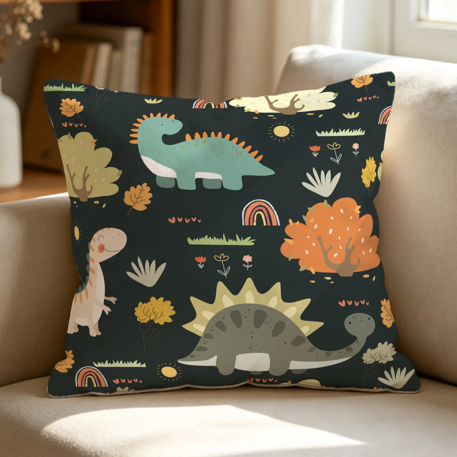Cute Cartoon Dinosaur‑Print Throw Pillow; Dinosaur‑Themed Square Cushion; Made from Soft, Skin‑Friendly Fabric; Perfect for Boys' and Girls' Rooms as well as Family Living Spaces; Combines Practicality with a Playful, Decorative Touch