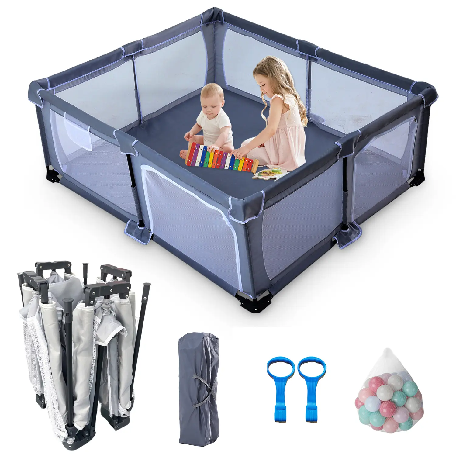 Foldable Baby Playpen ,Play pen for Babies and Toddlers, Portable Playpen, Kids Collapsible Play Pen , Indoor & Outdoor Baby Fence with Visible Mesh,Safety Area Travel Play Yard with mat (Grey)