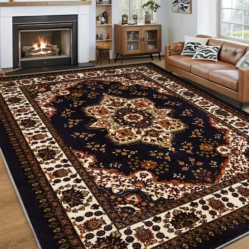A dark brown bohemian rug, available in a variety of sizes. It features a non-slip design, is soft and comfortable, and is machine-washable. It’s perfect for bedrooms, next to the bed, in dorm rooms, living rooms, and other home decor settings.