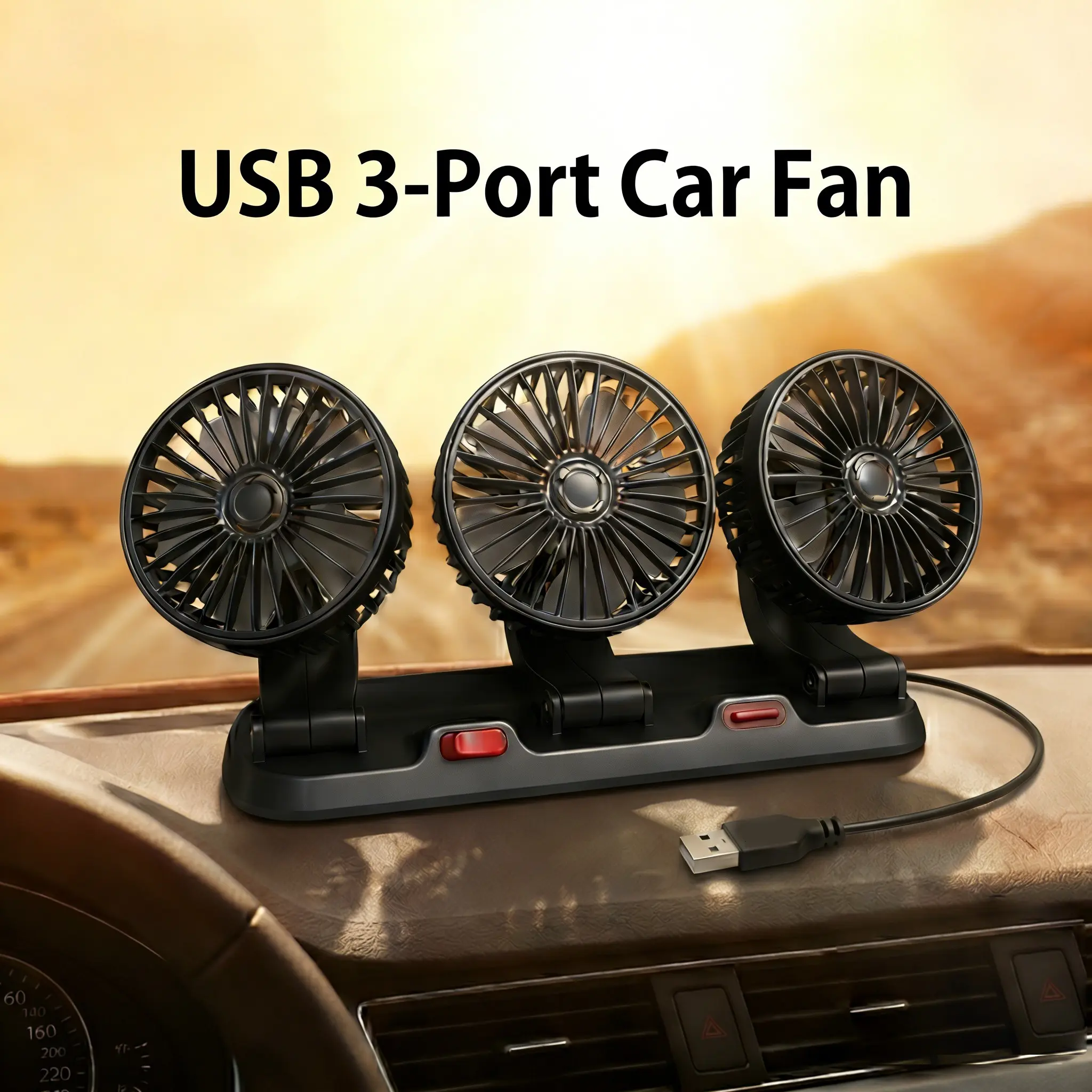 Car Fan Triple Head USB Powered Multifunctional Cooling Fan Adjustable Fans Quick Cooling Multi-Angle Ventilation for Cars Trucks Rvs, Fast Temperature Reduction Air Circulation Adjustable Car Fan