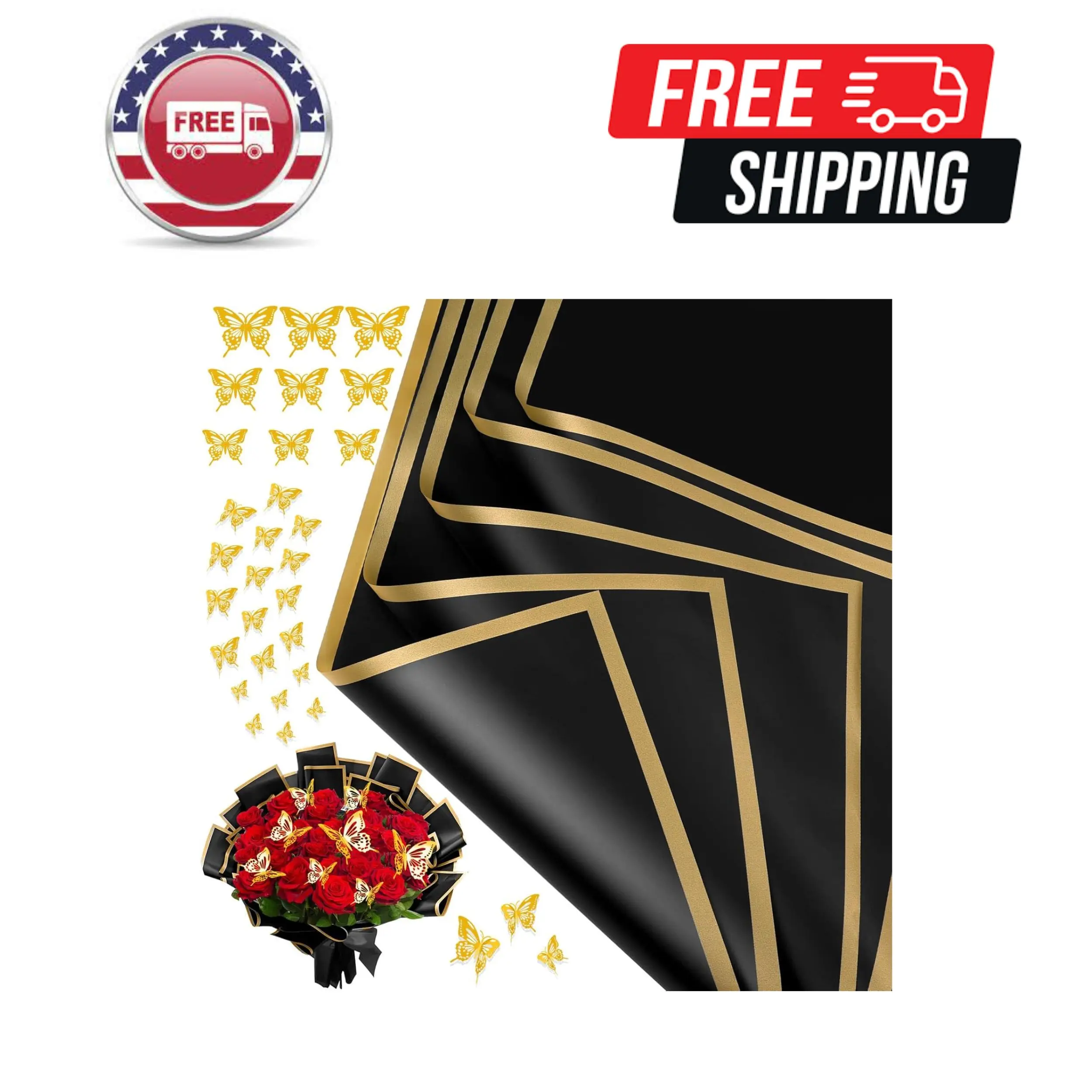 20 Sheets Flower Bouquet Wrapping Paper with 12 Pieces Gold Butterfly Decorations Black