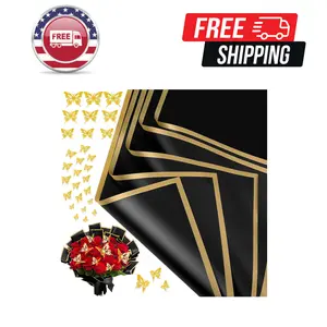 20 Sheets Flower Bouquet Wrapping Paper with 12 Pieces Gold Butterfly Decorations Black