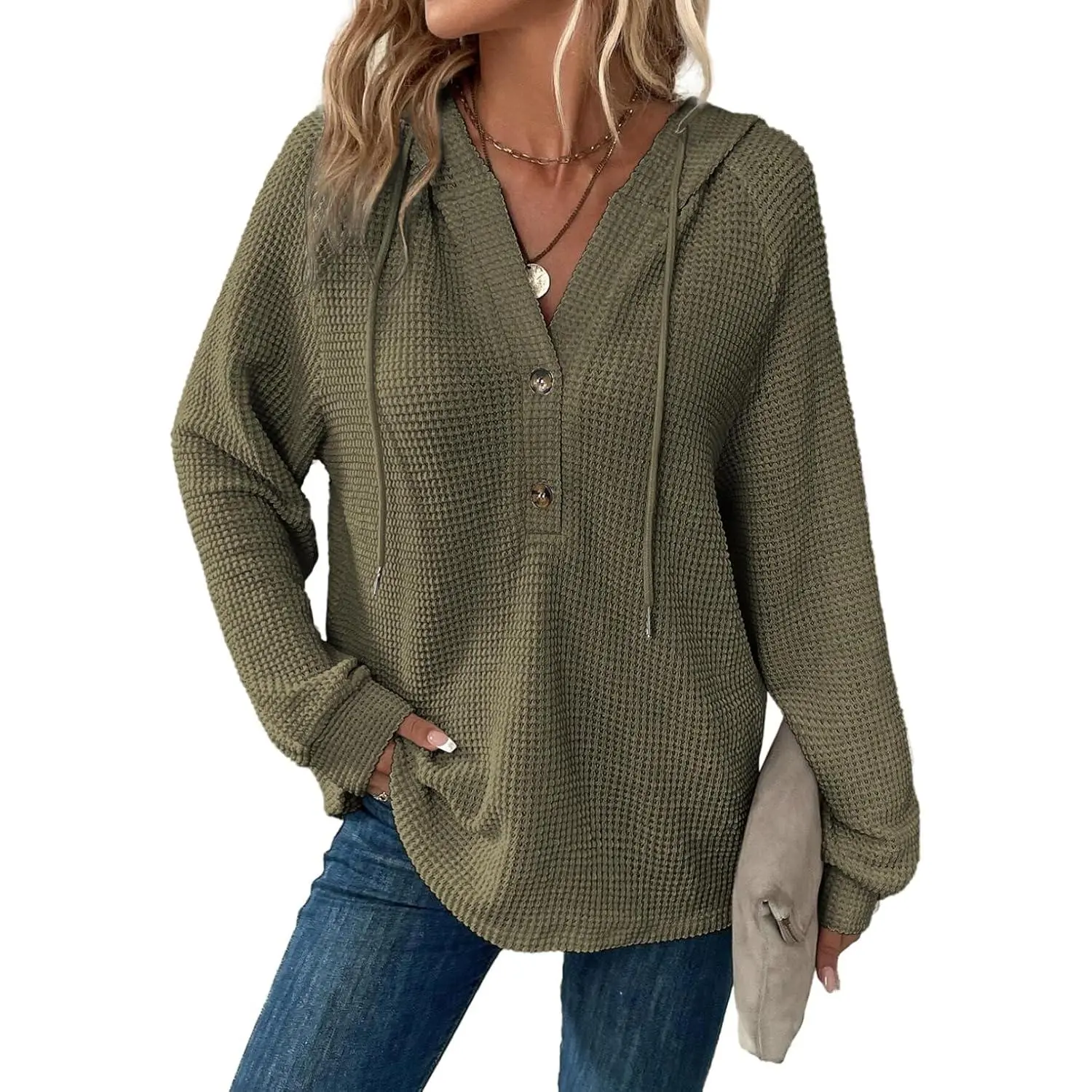 Dokotoo Hoodies for Women Waffle Knit Drawstring Button V Neck Long Sleeve Casual Pullover Sweatshirt Hooded Tops