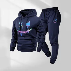 Men's Gradient Smiley Face Patterned Hoodie And Drawstring Track Pants Set, Men's Casual Athletic Long-Sleeved Hooded Jacket And Pants, Suitable For Fall And Winter, Street Style Hoodie Set, Men's Everyday Wear, Indoor And Outdoor Sportswear,