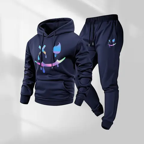 Men's Gradient Smiley Face Patterned Hoodie And Drawstring Track Pants Set, Men's Casual Athletic Long-Sleeved Hooded Jacket And Pants, Suitable For Fall And Winter, Street Style Hoodie Set, Men's Everyday Wear, Indoor And Outdoor Sportswear,