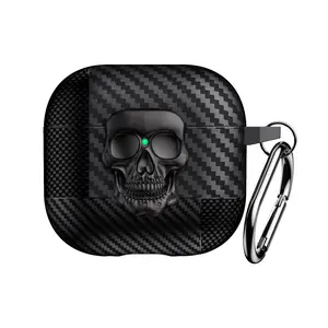 Carbon Fiber Skull Design AirPods Case with Lock, Shockproof Durable Protection Earphone Cover Compatible with AirPods 1/2, Pro, 3, 4, Halloween