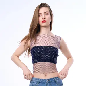 Festival Blue Fishnet Tank Top 2025 Spring New Womenswear Comfortable Glitter Crewneck Party Short Sleeveless crop tops tube tops
